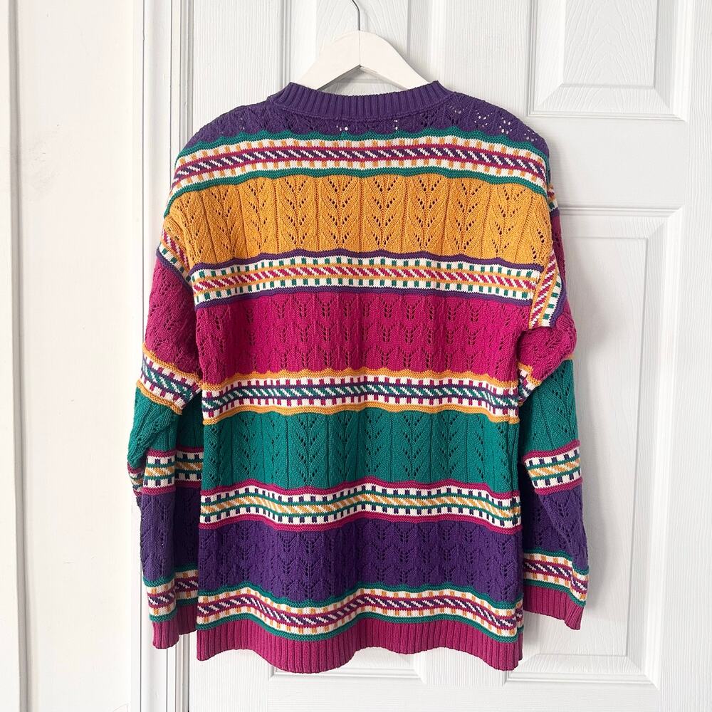 Studio Michelle Stuart USA Yellow Purple Pink Pointelle Stripe Sweater Small 80s - Picture 7 of 9